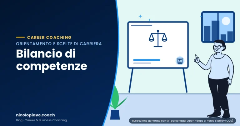 Illustrazione in stile disegnato che mostra una persona che indica una lavagna con il simbolo del tema: rappresenta il bilancio di competenze