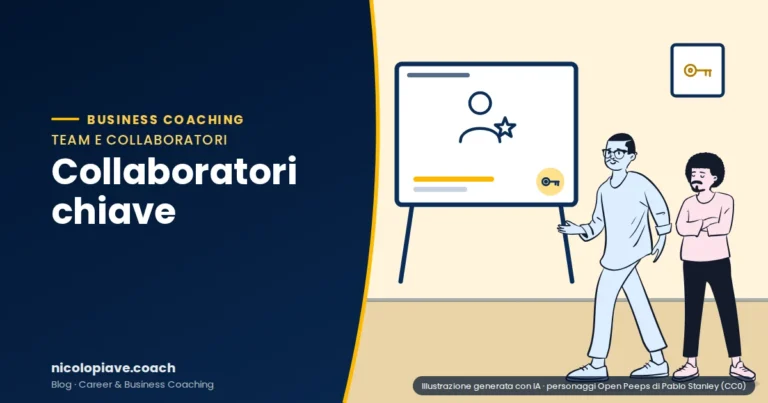 Illustrazione in stile disegnato che mostra una persona che illustra a un collega una lavagna con il simbolo del tema: rappresenta i collaboratori chiave in azienda