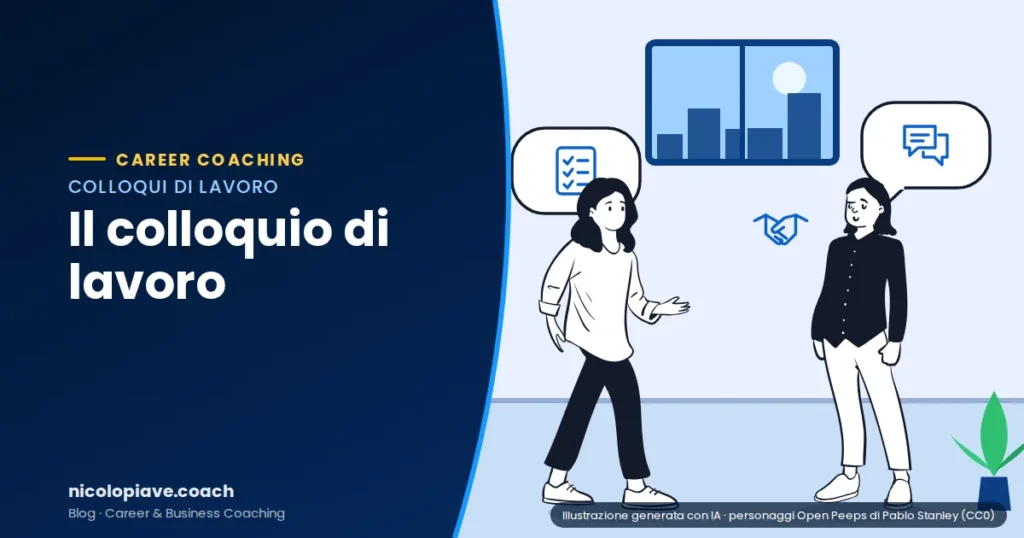 Illustrazione in stile disegnato che mostra due persone che dialogano, con fumetti che richiamano il tema: rappresenta la preparazione al colloquio di lavoro