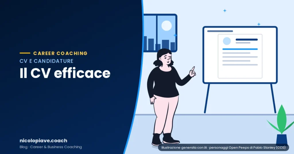 Illustrazione in stile disegnato che mostra una persona che indica una lavagna con un curriculum: rappresenta come scrivere un CV efficace