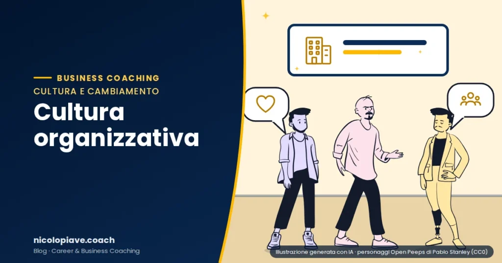 Illustrazione in stile disegnato che mostra un gruppo di tre persone che collaborano: rappresenta la cultura organizzativa