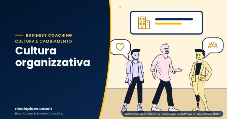 Illustrazione in stile disegnato che mostra un gruppo di tre persone che collaborano: rappresenta la cultura organizzativa