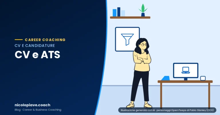 Illustrazione in stile disegnato che mostra una persona accanto a una scrivania con computer: rappresenta la selezione automatica dei CV tramite ATS