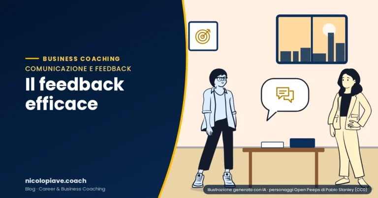 Illustrazione in stile disegnato che mostra un colloquio tra due persone ai lati di una scrivania: rappresenta il feedback efficace