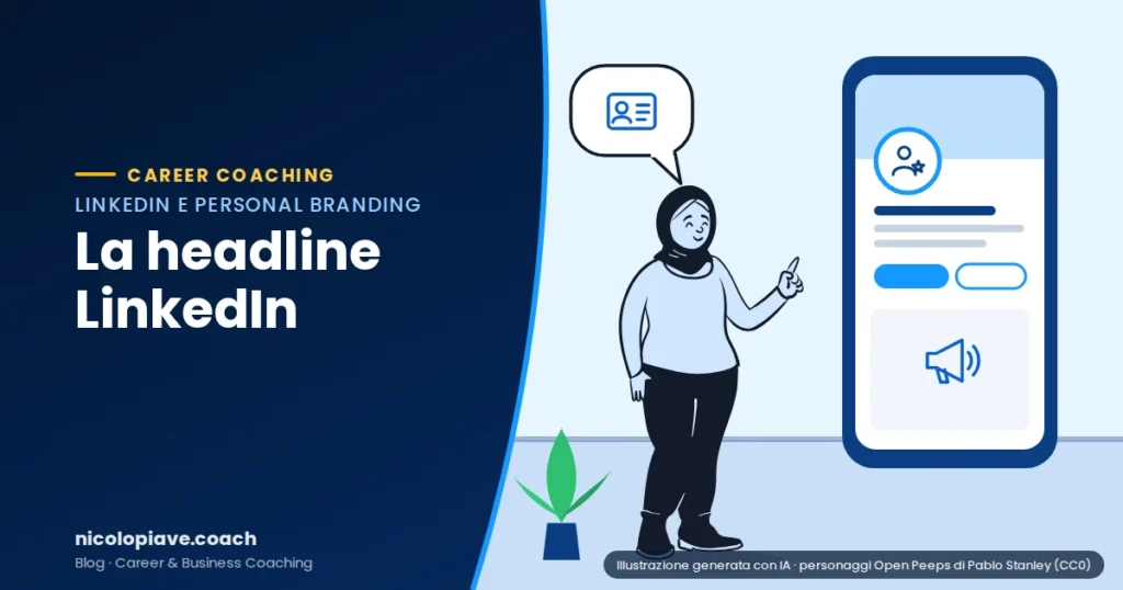 Illustrazione in stile disegnato che mostra una persona accanto a un grande smartphone con un profilo professionale: rappresenta la headline LinkedIn