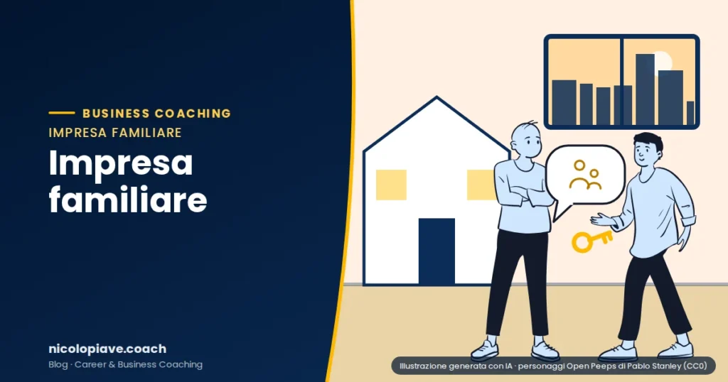 Illustrazione in stile disegnato che mostra una persona anziana e una giovane davanti a una casa, con una chiave che passa di mano: rappresenta l'impresa familiare