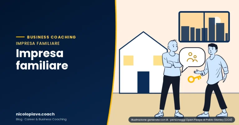 Illustrazione in stile disegnato che mostra una persona anziana e una giovane davanti a una casa, con una chiave che passa di mano: rappresenta l'impresa familiare