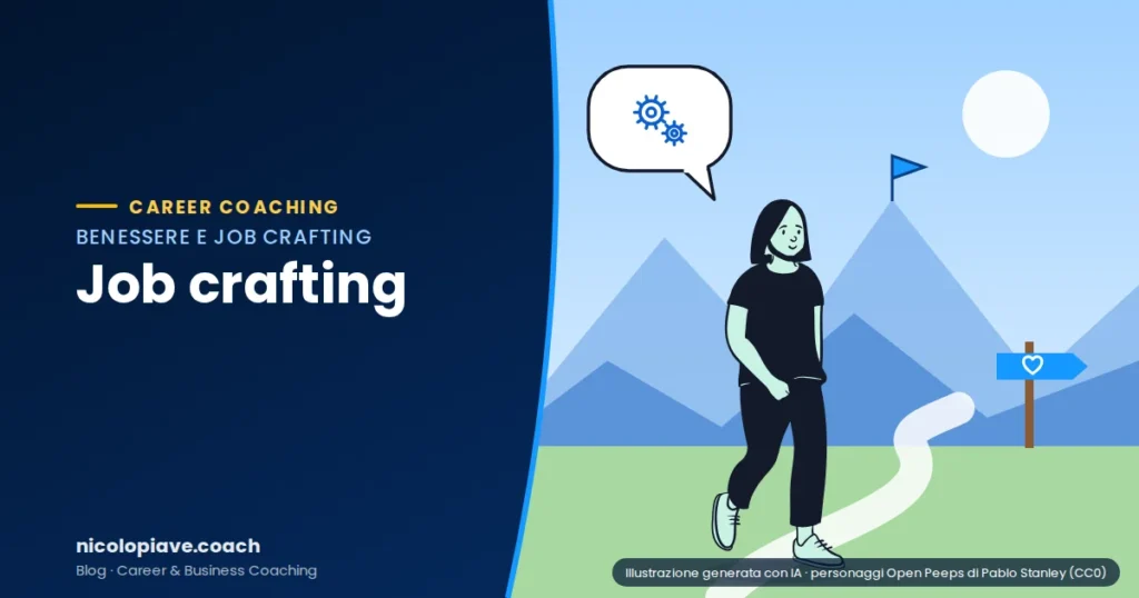 Illustrazione in stile disegnato che mostra una persona in cammino su un sentiero verso le montagne, con un cartello e un fumetto: rappresenta il job crafting e il ridisegno del proprio lavoro