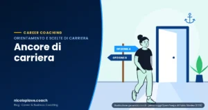 Illustrazione in stile disegnato che mostra una persona che cammina verso una porta aperta accanto a un cartello direzionale: rappresenta le ancore di carriera di Edgar Schein