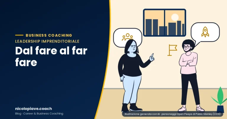 Illustrazione in stile disegnato che mostra due persone che dialogano, con fumetti che richiamano il tema: rappresenta la leadership imprenditoriale nelle PMI