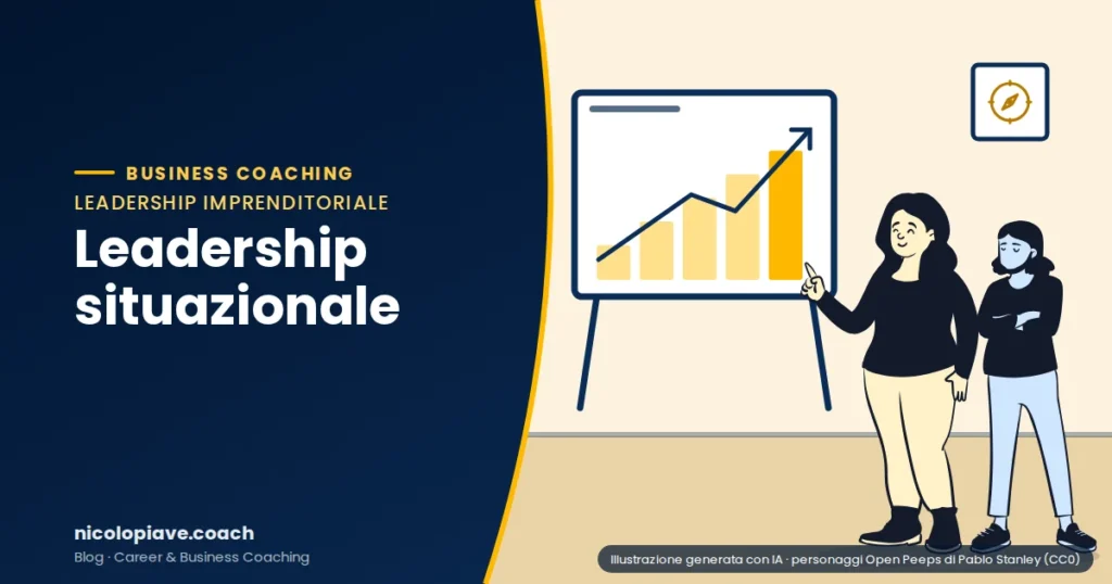Illustrazione in stile disegnato che mostra una persona che illustra a un collega una lavagna con un grafico in crescita: rappresenta la leadership situazionale