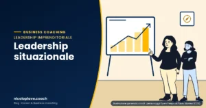 Illustrazione in stile disegnato che mostra una persona che illustra a un collega una lavagna con un grafico in crescita: rappresenta la leadership situazionale
