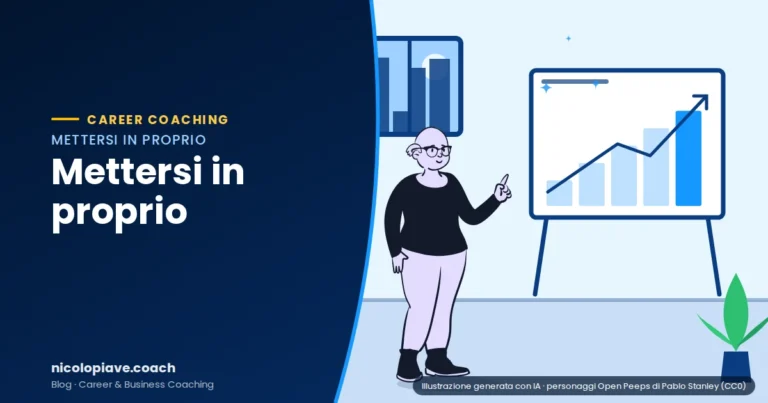 Illustrazione in stile disegnato che mostra una persona che indica una lavagna con un grafico in crescita: rappresenta la scelta di mettersi in proprio