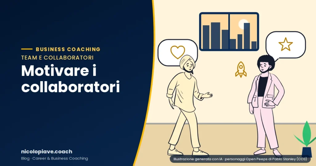 Illustrazione in stile disegnato che mostra due persone che dialogano, con fumetti che richiamano il tema: rappresenta come motivare i collaboratori oltre gli incentivi