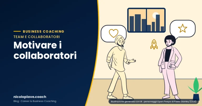 Illustrazione in stile disegnato che mostra due persone che dialogano, con fumetti che richiamano il tema: rappresenta come motivare i collaboratori oltre gli incentivi