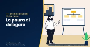 Illustrazione in stile disegnato che mostra una persona che indica una lavagna con un organigramma, con espressioni pensierose: rappresenta la paura di delegare