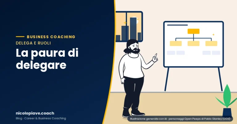 Illustrazione in stile disegnato che mostra una persona che indica una lavagna con un organigramma, con espressioni pensierose: rappresenta la paura di delegare