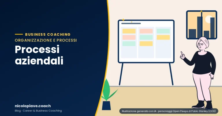 Illustrazione in stile disegnato che mostra una persona che indica una lavagna con una bacheca delle attività: rappresenta la mappatura dei processi aziendali