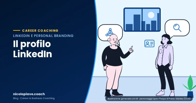 Illustrazione in stile disegnato che mostra due persone che dialogano, con fumetti che richiamano il tema: rappresenta l'ottimizzazione del profilo LinkedIn