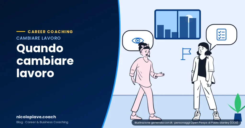 Illustrazione in stile disegnato che mostra due persone che dialogano, con fumetti che richiamano il tema, con espressioni pensierose: rappresenta i segnali per capire quando cambiare lavoro
