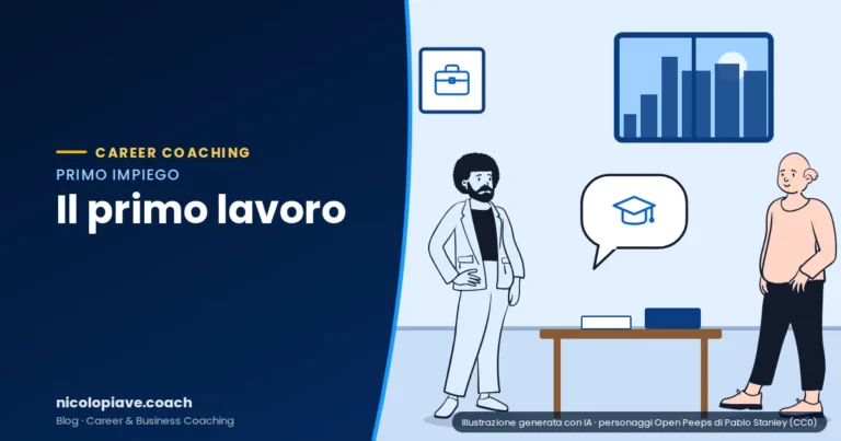 Illustrazione in stile disegnato che mostra un colloquio tra due persone ai lati di una scrivania: rappresenta la ricerca del primo lavoro per neolaureati