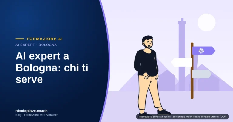 Illustrazione in stile disegnato con una persona davanti a un cartello con tre direzioni e un chip di intelligenza artificiale, con le torri di Bologna sullo sfondo: rappresenta la scelta dell'AI expert giusto