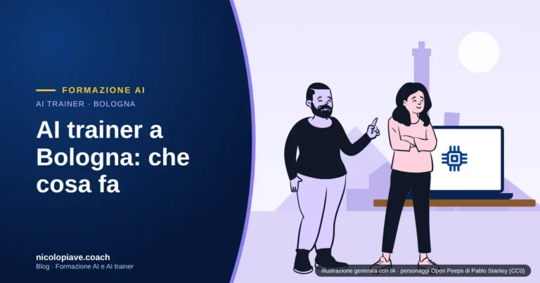 Illustrazione in stile disegnato con un AI trainer che spiega a un gruppo davanti a uno schermo con un chip di intelligenza artificiale, con le torri di Bologna sullo sfondo