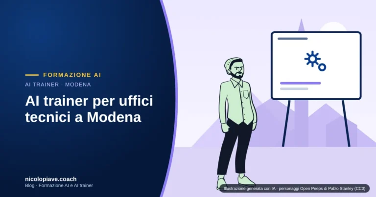 Illustrazione in stile disegnato con un tecnico davanti a una lavagna con ingranaggi e un chip di intelligenza artificiale, con la torre Ghirlandina di Modena sullo sfondo: rappresenta l'IA negli uffici tecnici