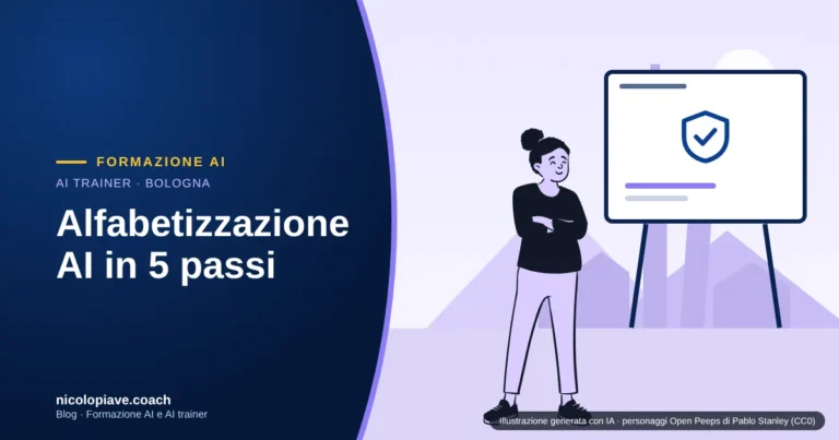 Illustrazione in stile disegnato con una persona che consulta una checklist accanto a uno scudo con le stelle europee, con le torri di Bologna sullo sfondo: rappresenta l'alfabetizzazione AI richiesta dall'AI Act