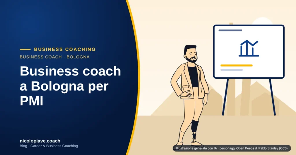 Illustrazione in stile disegnato con un imprenditore davanti a una lavagna con un grafico in crescita e le torri di Bologna sullo sfondo: rappresenta il business coaching per le PMI bolognesi