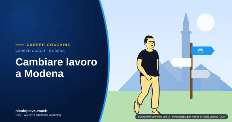 Illustrazione in stile disegnato con una persona che cammina su un sentiero verso la torre Ghirlandina di Modena, con un cartello direzionale: rappresenta il cambiare lavoro a Modena