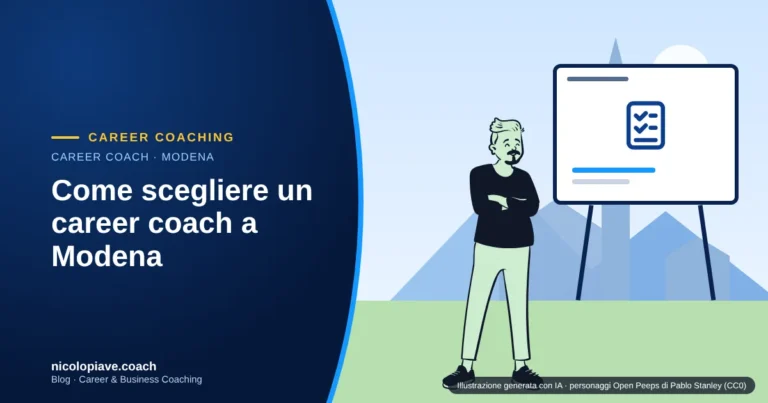 Illustrazione in stile disegnato con una persona che legge una lista di domande accanto alla torre Ghirlandina di Modena: rappresenta la scelta di un career coach a Modena