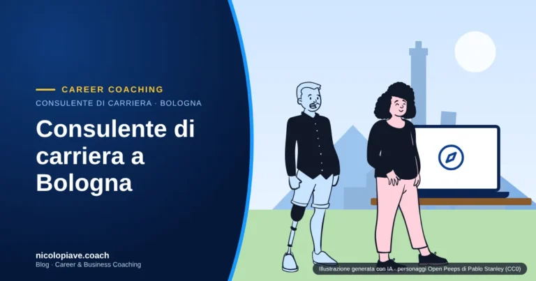 Illustrazione in stile disegnato con due persone sedute a un tavolo che parlano davanti a un portatile, con le torri di Bologna sullo sfondo: rappresenta un incontro con un consulente di carriera a Bologna