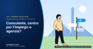 Illustrazione in stile disegnato con una persona davanti a un cartello con tre direzioni e le torri di Bologna sullo sfondo: rappresenta la scelta tra consulente di carriera, centro per l'impiego e agenzia