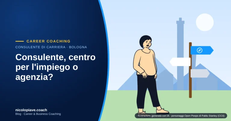 Illustrazione in stile disegnato con una persona davanti a un cartello con tre direzioni e le torri di Bologna sullo sfondo: rappresenta la scelta tra consulente di carriera, centro per l'impiego e agenzia