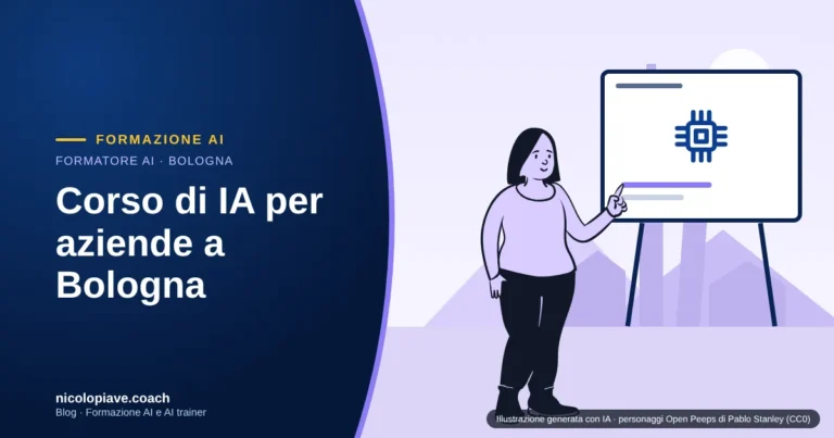 Illustrazione in stile disegnato con una formatrice che indica uno schermo con un chip di intelligenza artificiale, con le torri di Bologna sullo sfondo: rappresenta un corso di IA per aziende a Bologna