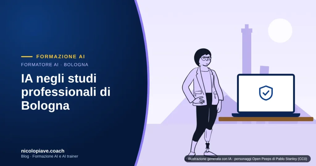 Illustrazione in stile disegnato con un professionista seduto davanti a un portatile con uno scudo di protezione dei dati, con le torri di Bologna sullo sfondo: rappresenta l'uso riservato dell'IA negli studi professionali