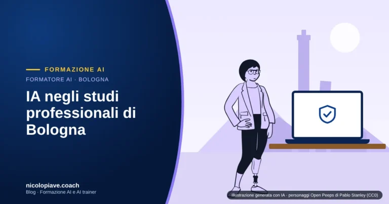 Illustrazione in stile disegnato con un professionista seduto davanti a un portatile con uno scudo di protezione dei dati, con le torri di Bologna sullo sfondo: rappresenta l'uso riservato dell'IA negli studi professionali