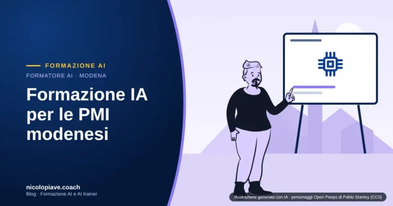 Illustrazione in stile disegnato con un formatore che mostra un chip di intelligenza artificiale su una lavagna, con la torre Ghirlandina di Modena sullo sfondo: rappresenta la formazione IA nelle PMI modenesi