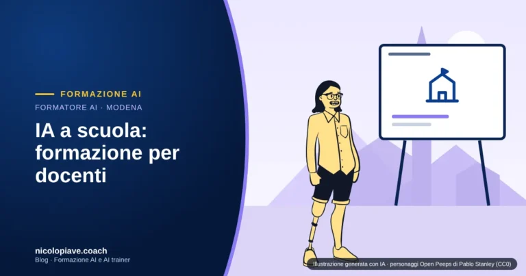 Illustrazione in stile disegnato con un docente davanti a una lavagna con il simbolo di una scuola e la torre Ghirlandina di Modena sullo sfondo: rappresenta la formazione sull'IA per i docenti