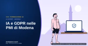 Illustrazione in stile disegnato con una persona al portatile protetta da un grande scudo, con la torre Ghirlandina di Modena sullo sfondo: rappresenta la protezione dei dati nell'uso dell'IA