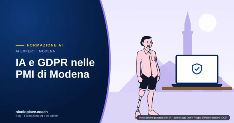 Illustrazione in stile disegnato con una persona al portatile protetta da un grande scudo, con la torre Ghirlandina di Modena sullo sfondo: rappresenta la protezione dei dati nell'uso dell'IA