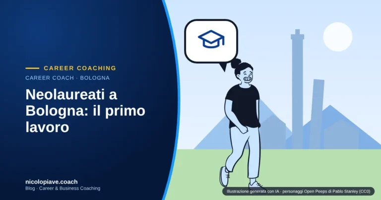 Illustrazione in stile disegnato con una giovane neolaureata con il tocco in mano davanti alle torri di Bologna: rappresenta la ricerca del primo lavoro a Bologna