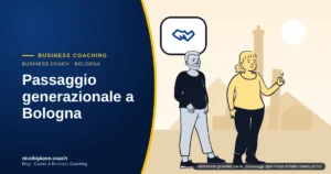 Illustrazione in stile disegnato con un imprenditore anziano e una giovane che si stringono la mano davanti alle torri di Bologna: rappresenta il passaggio generazionale nelle imprese familiari