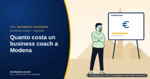 Illustrazione in stile disegnato con un imprenditore che osserva una lavagna con il simbolo dell'euro e un grafico, con la torre Ghirlandina di Modena sullo sfondo: rappresenta i costi di un business coach