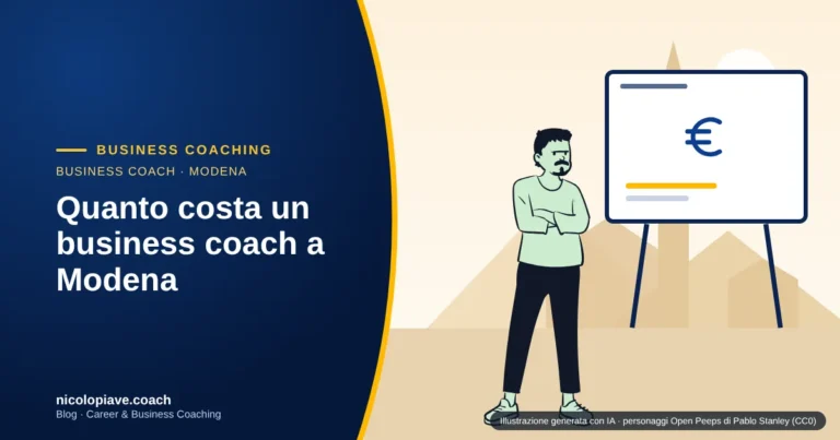 Illustrazione in stile disegnato con un imprenditore che osserva una lavagna con il simbolo dell'euro e un grafico, con la torre Ghirlandina di Modena sullo sfondo: rappresenta i costi di un business coach