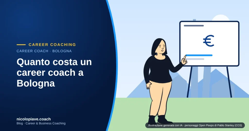 Illustrazione in stile disegnato con una persona davanti a una lavagna con il simbolo dell'euro e le due torri di Bologna sullo sfondo: rappresenta i costi di un career coach a Bologna