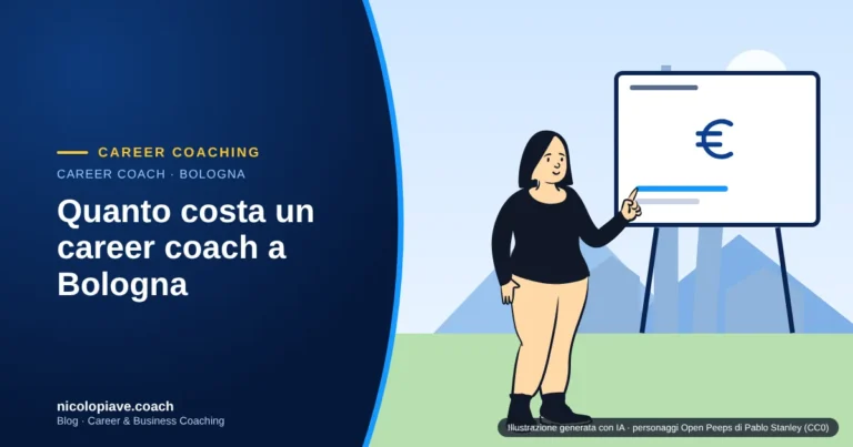 Illustrazione in stile disegnato con una persona davanti a una lavagna con il simbolo dell'euro e le due torri di Bologna sullo sfondo: rappresenta i costi di un career coach a Bologna