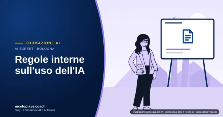 Illustrazione in stile disegnato con una persona che scrive un documento accanto a una lavagna con un documento e uno scudo, con le torri di Bologna sullo sfondo: rappresenta le regole interne sull'uso dell'IA