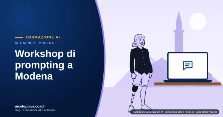 Illustrazione in stile disegnato con una persona al portatile e un fumetto con il simbolo di una chat, con la torre Ghirlandina di Modena sullo sfondo: rappresenta un workshop di prompting